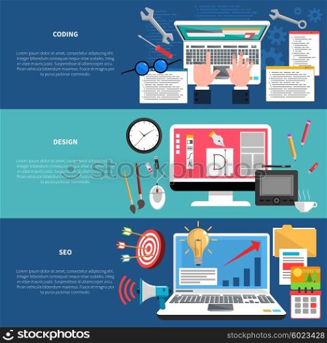 Web development horizontal banner set with coding seo and design elements isolated vector illustration. Web Development Banner Set