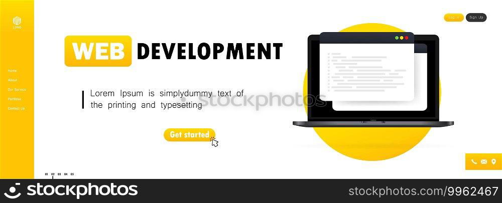 Web development illustration. Working on laptop. For analysis, coding, programming, programmer and developer. Web development illustration. Working on laptop. Flat design concepts for analysis, coding, programming, programmer and developer. Vector. EPS 10