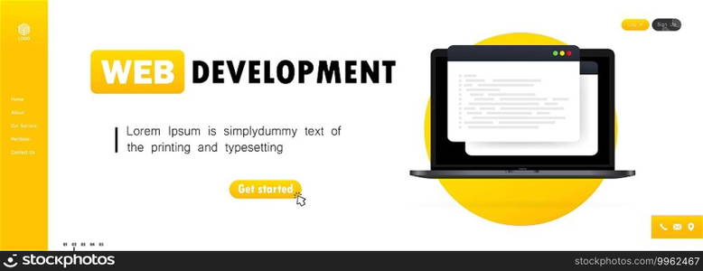 Web development illustration. Working on laptop. For analysis, coding, programming, programmer and developer. Web development illustration. Working on laptop. Flat design concepts for analysis, coding, programming, programmer and developer. Vector. EPS 10