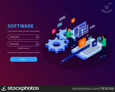 Web development isometric concept background login page design with sign in fields icons and conceptual images vector illustration