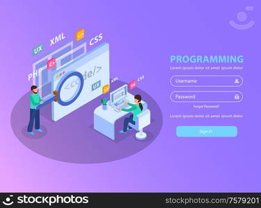 Web development isometric concept background sign in page with images and fields for login and password vector illustration