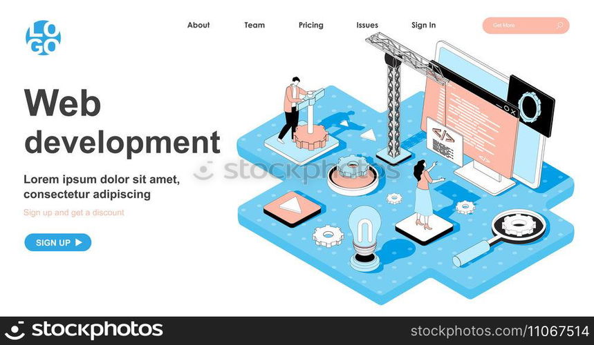 Web development isometric concept. Developers building website, writing code, testing, customize and optimize page, line flat isometry web banner. Vector illustration in 3d design for landing page