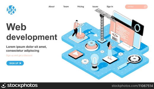 Web development isometric concept. Developers building website, writing code, testing, customize and optimize page, line flat isometry web banner. Vector illustration in 3d design for landing page