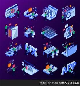 Web development isometric concept icon set with ui ux css xml php elements and developers vector illustration