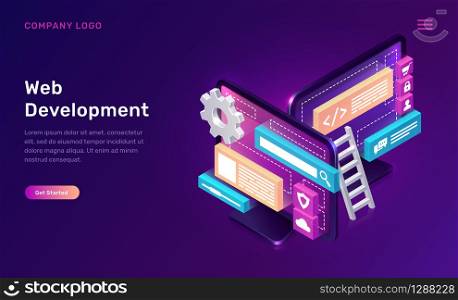Web development isometric concept vector illustration. Software landing page template for creating customize website design, interface, computer monitor with 3D icons on ultraviolet background. Web development isometric concept