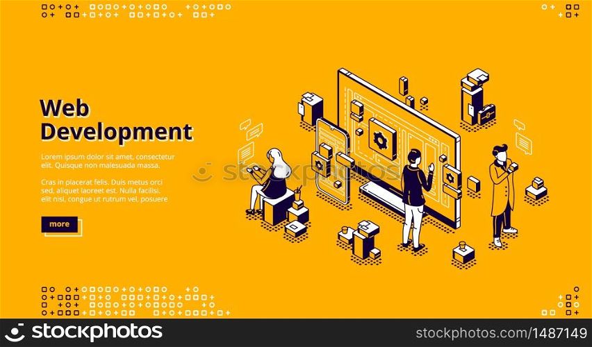 Web development isometric landing page. Programmers coding website cross platform, adaptive layout, internet page interface on computer and mobile phone screen, site creation 3d vector line art banner. Web development isometric landing page, coding