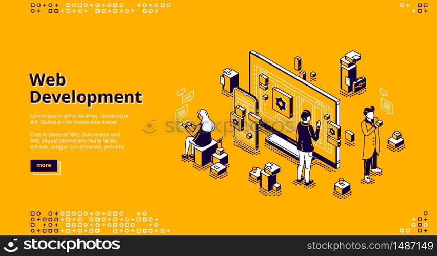 Web development isometric landing page. Programmers coding website cross platform, adaptive layout, internet page interface on computer and mobile phone screen, site creation 3d vector line art banner. Web development isometric landing page, coding