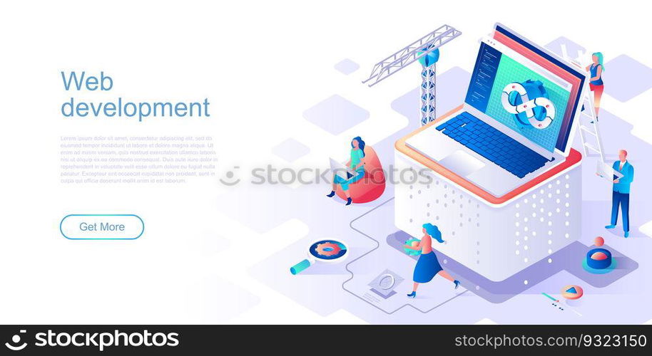 Web development landing page vector template. Program usability and performance website header UI layout with isometric illustration. Fullstack app engineering, devops web banner isometry concept