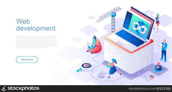 Web development landing page vector template. Program usability and performance website header UI layout with isometric illustration. Fullstack app engineering, devops web banner isometry concept