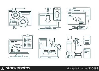 Web development line icons. Seo mobile layout web design creative process code website and app for smartphones vector pictures. Illustration of development optimization, seo link programming project. Web development line icons. Seo mobile layout web design creative process code website and app for smartphones vector pictures