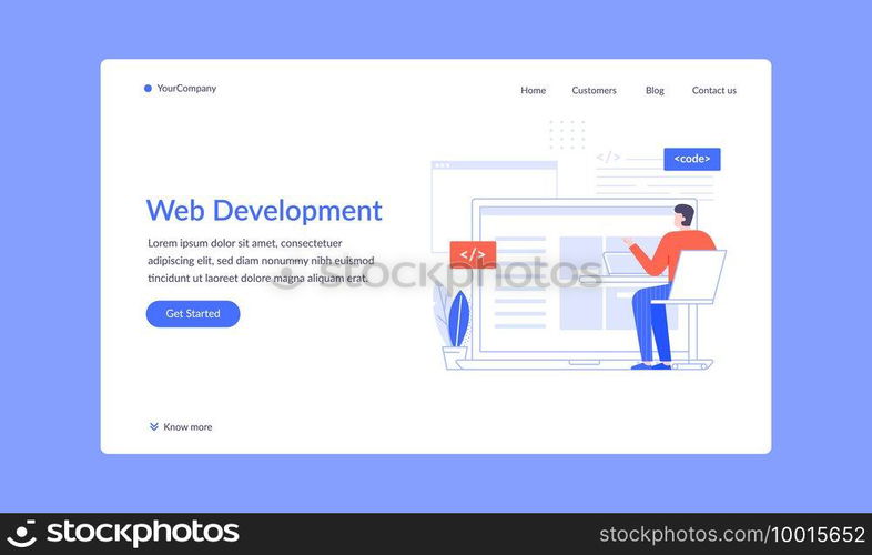 Web development, man coding and write script. Vector landinig page programmer man developer in office work with code illustration. Web development, man coding and write script