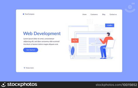 Web development, man coding and write script. Vector landinig page programmer man developer in office work with code illustration. Web development, man coding and write script
