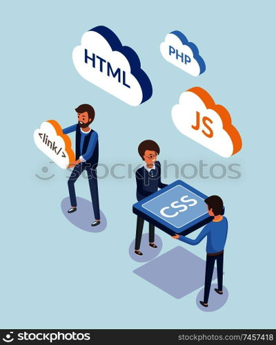 Web development, people with coding languages vector. Programmers with clouds, javascript and html, css design element of sites. Workers with script. Web Development, People with Coding Languages
