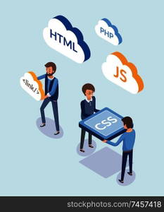 Web development, people with coding languages vector. Programmers with clouds, javascript and html, css design element of sites. Workers with script. Web Development, People with Coding Languages