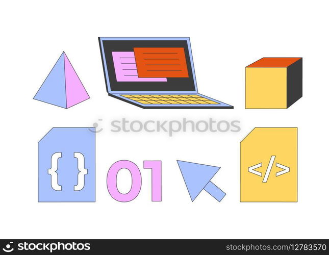 Web development tools 2D cartoon objects set. Software making. Application creation with modern technology isolated elements flat vector cliparts on white background. Spot illustrations collection. Web development tools 2D cartoon objects set