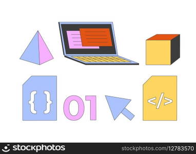 Web development tools 2D cartoon objects set. Software making. Application creation with modern technology isolated elements flat vector cliparts on white background. Spot illustrations collection. Web development tools 2D cartoon objects set