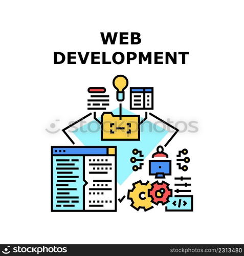 Web Development Vector Icon Concept. Programmer Coding And Developing Website, Html, Css And Java Script Language For Web Development. Interface Design And Adaptive Color Illustration. Web Development Vector Concept Color Illustration