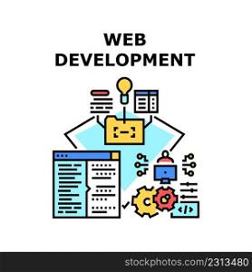 Web Development Vector Icon Concept. Programmer Coding And Developing Website, Html, Css And Java Script Language For Web Development. Interface Design And Adaptive Color Illustration. Web Development Vector Concept Color Illustration