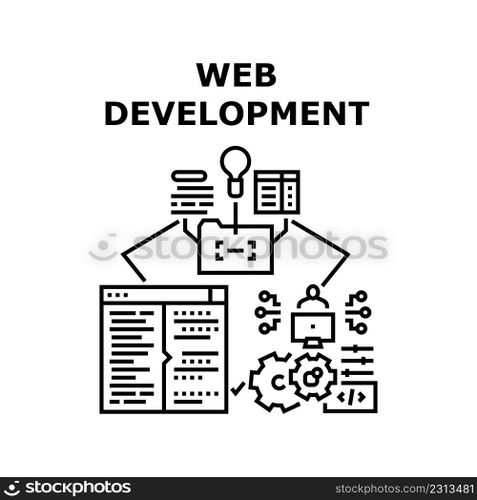 Web Development Vector Icon Concept. Programmer Coding And Developing Website, Html, Css And Java Script Language For Web Development. Interface Design And Adaptive Black Illustration. Web Development Vector Concept Black Illustration