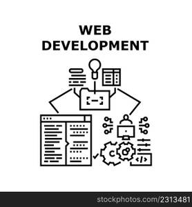 Web Development Vector Icon Concept. Programmer Coding And Developing Website, Html, Css And Java Script Language For Web Development. Interface Design And Adaptive Black Illustration. Web Development Vector Concept Black Illustration