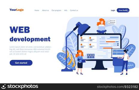 Web development vector landing page template with header. Online business web banner, homepage design with flat illustrations. Internet users, managers cartoon characters. SEO concept