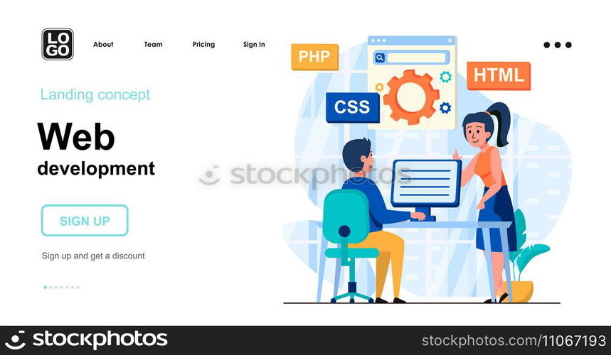 Web development web concept. Programmers coding code, creates page layout, setting up search engine. Template of people scene. Vector illustration with character activities in flat design for website