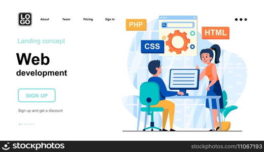 Web development web concept. Programmers coding code, creates page layout, setting up search engine. Template of people scene. Vector illustration with character activities in flat design for website
