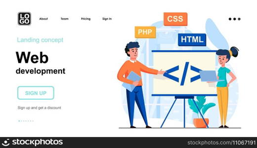 Web development web concept. Team of programmers coding code, work with different program languages. Template of people scene. Vector illustration with character activities in flat design for website