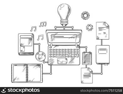 Web education, knowledge or e-learning concept with laptop computer and light bulb surrounded by a variety of interconnected education icons. Vector sketch style. Web education and knowledge icons