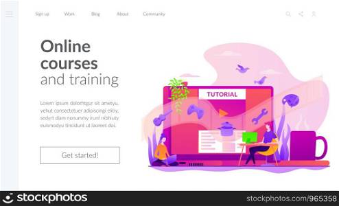 Web educational video, online courses and training, e-learning tutorial and video blogging concept. Website interface UI template. Landing web page with infographic concept creative hero header image.. Video tutorial landing page template.