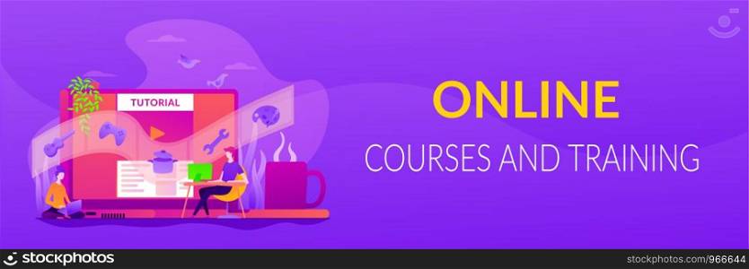 Web educational video, online courses and training, e-learning tutorial and video blogging concept. Vector banner template for social media with text copy space and infographic concept illustration.. Video tutorial web banner concept.
