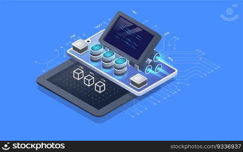 Web engine, programming tools. Software development. Technology visualization. Vector isometric illustration.