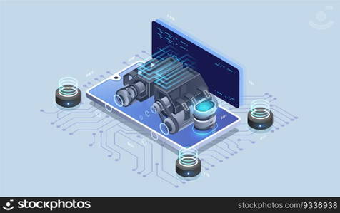 Web engine, programming tools. Software development. Technology visualization. Vector isometric illustration.