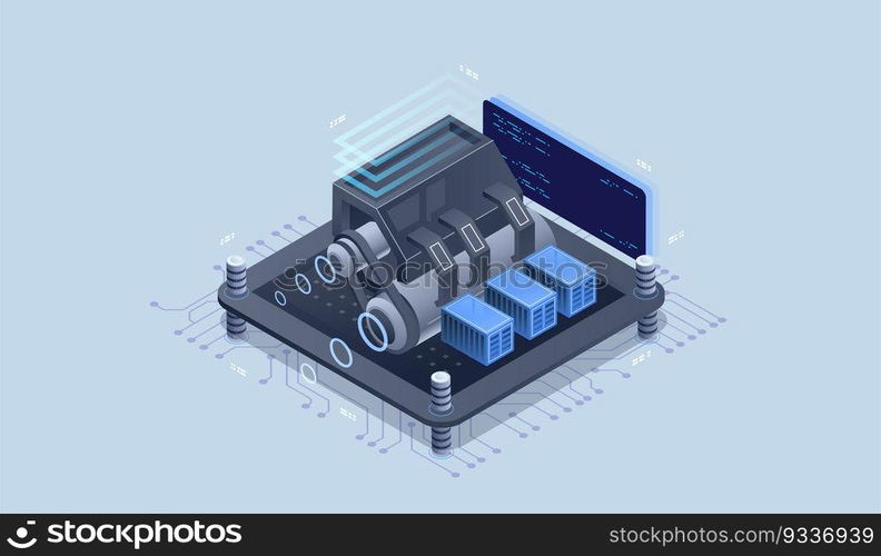 Web engine, programming tools. Software development. Technology visualization. Vector isometric illustration.