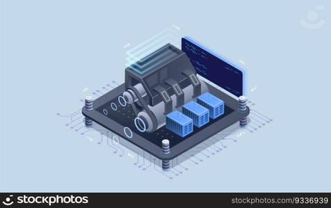 Web engine, programming tools. Software development. Technology visualization. Vector isometric illustration.