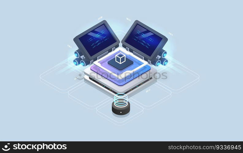 Web engine, programming tools. Software development. Technology visualization. Vector isometric illustration.