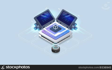 Web engine, programming tools. Software development. Technology visualization. Vector isometric illustration.