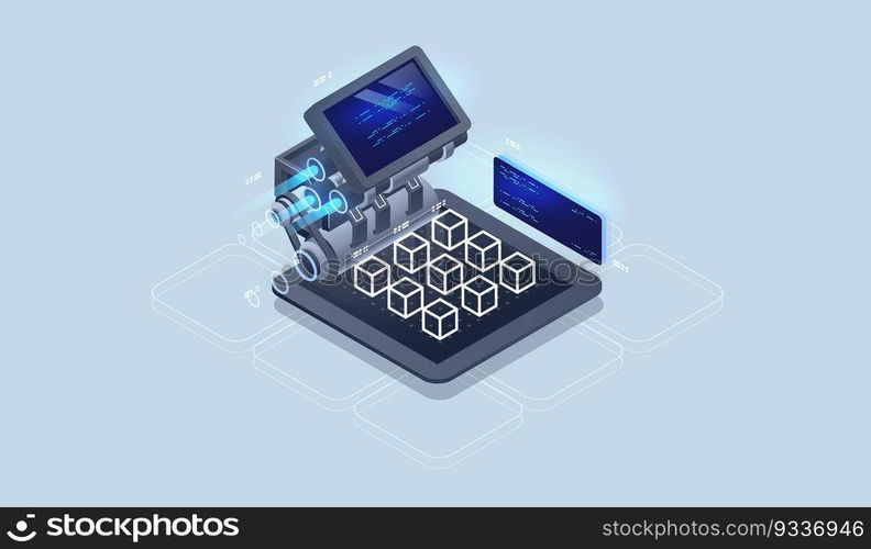 Web engine, programming tools. Software development. Technology visualization. Vector isometric illustration.