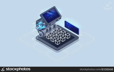 Web engine, programming tools. Software development. Technology visualization. Vector isometric illustration.