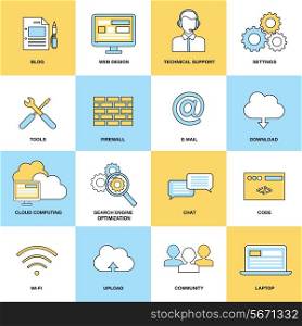 Web flat line icons set isolated with blog design technical support isolated vector illustration