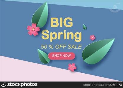 Web Frame with red flowers and leaf for spring season sales banners.Creative paper cut and craft style for scene place your text card.Minimal colorful special template concept.vector illustration.