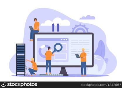 Web hosting or cloud computing poster with system admins. People maintain data technology software. Database storage service vector concept. Illustration of computer cloud hosting. Web hosting or cloud computing poster with system admins. People maintain data technology software. Database storage service vector concept