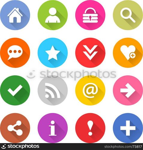 Web icon with blasic sign. 16 basic icon set 05 white sign on color. Web internet button on white background. Simple minimalistic mono flat long shadow style. Vector illustration internet design graphic element 10 eps