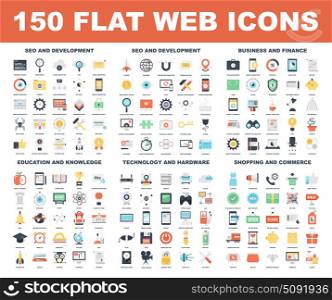 Web Icons. Vector set of 150 flat web icons on following themes - SEO and development, business and finance, education and knowledge, technology and hardware, shopping and commerce.