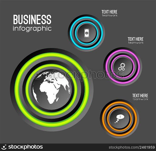 Web infographic business concept with circles colorful rings and icons on dark background isolated vector illustration. Web Infographic Business Concept