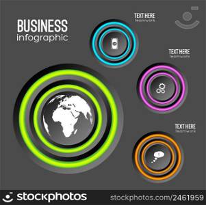 Web infographic business concept with circles colorful rings and icons on dark background isolated vector illustration. Web Infographic Business Concept