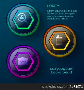 Web infographic concept with text colorful glossy buttons and business icons on dark blue background vector illustration. Web Infographic Concept