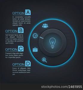Web interface infographics with round button blue backlight four options and icons on dark background vector illustration. Web Interface Infographics