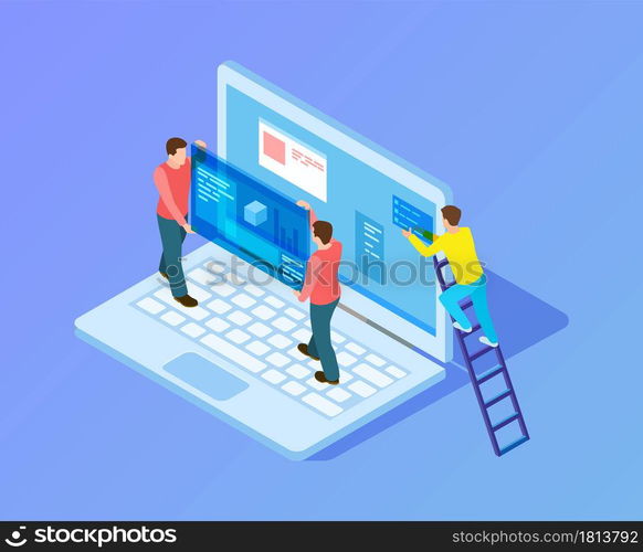 Web interface upgrade. Web developers, programmers at work. Isometric people working with laptop, content replacement vector illustration. Programmer development network interface. Web interface upgrade. Web developers, programmers at work. Isometric people working with laptop, content replacement vector illustration