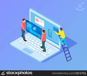 Web interface upgrade. Web developers, programmers at work. Isometric people working with laptop, content replacement vector illustration. Programmer development network interface. Web interface upgrade. Web developers, programmers at work. Isometric people working with laptop, content replacement vector illustration